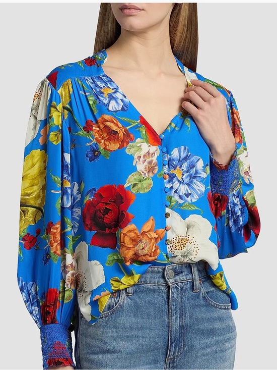 Alice + Olivia Tops - Alice + Olivia Bright Blue Floral V-Neck Button Blouse